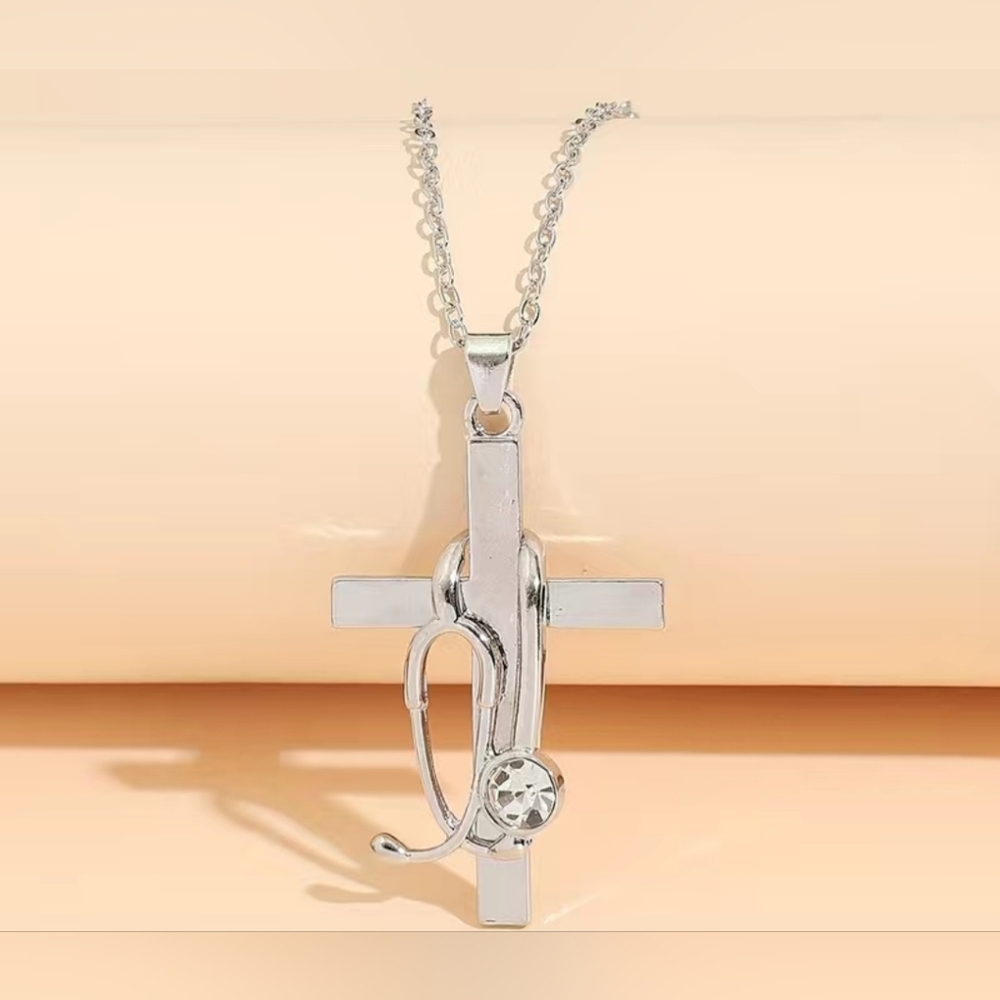 Elegant Silver Cross & Stethscope Necklace